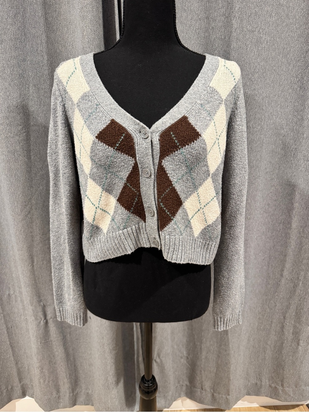 Gray Argyle V-Neck Button Cardigan Sweater - Gray/Brown/Cream